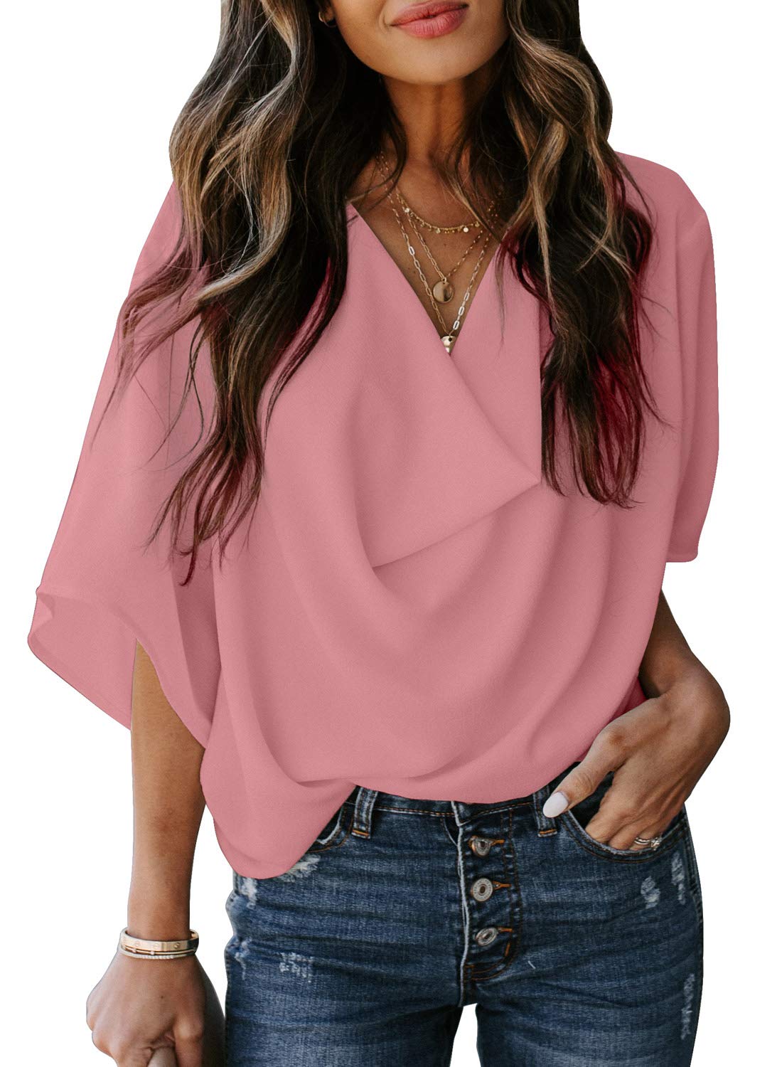 Dokotoo Womens 3/4 Sleeve V Neck Wrap Draped Front Blouses Tops