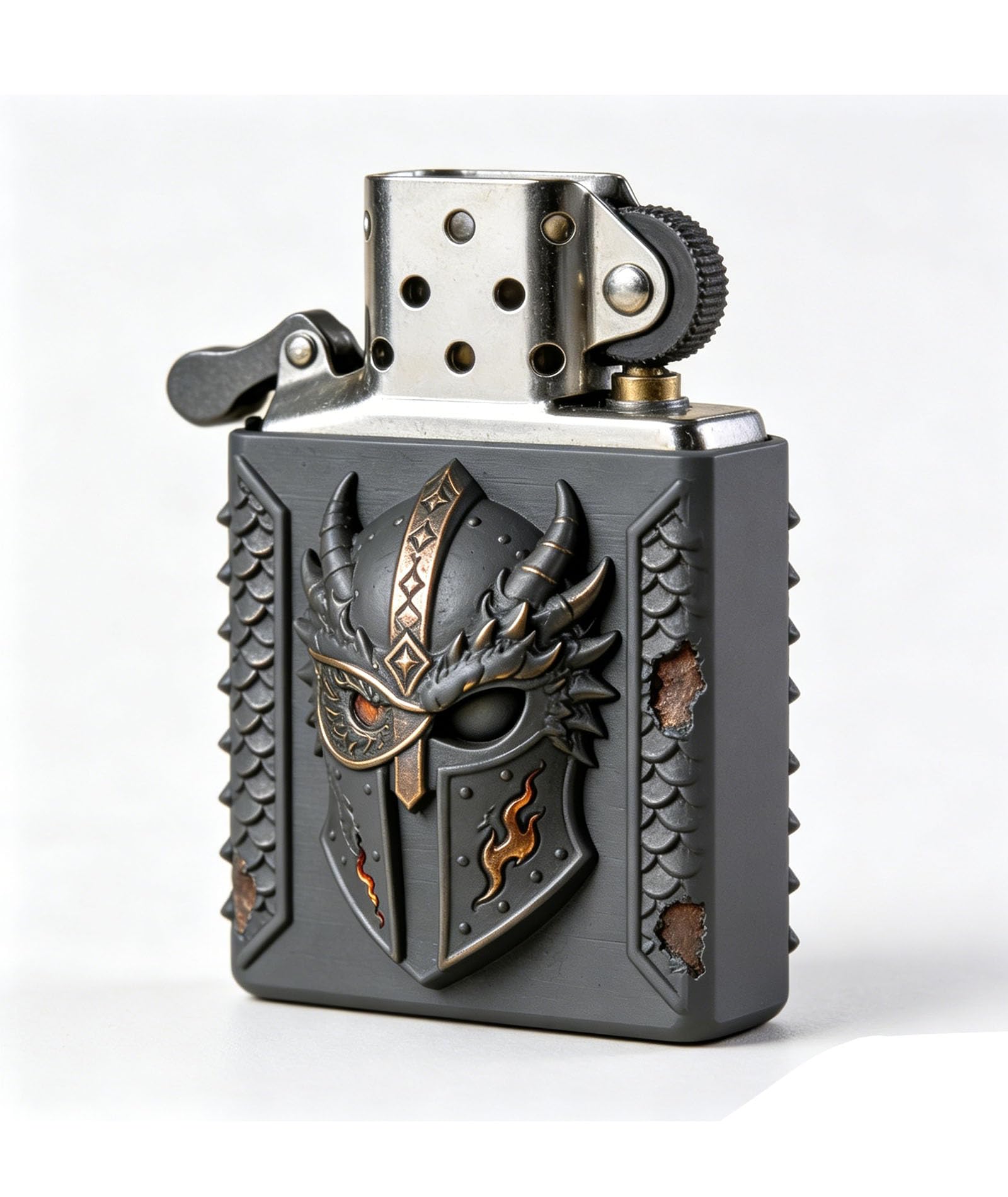 Cool Knight Carved Reusable Kerosene Lighter Vintage Soldier Helmet Wheel Grinding Petrol Lighter for Outdoor Use (D)