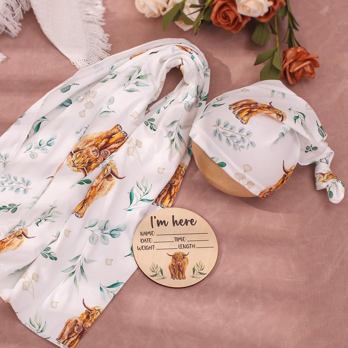 Ylsteed Baby Highland Cow Swaddle Blanket and Headband Set, Newborn Receiving Blanket Swaddle Wrap for Girls and Boys, Swaddling Blankets Neutral for Newborn 32 * 32 in (Highland Cow)