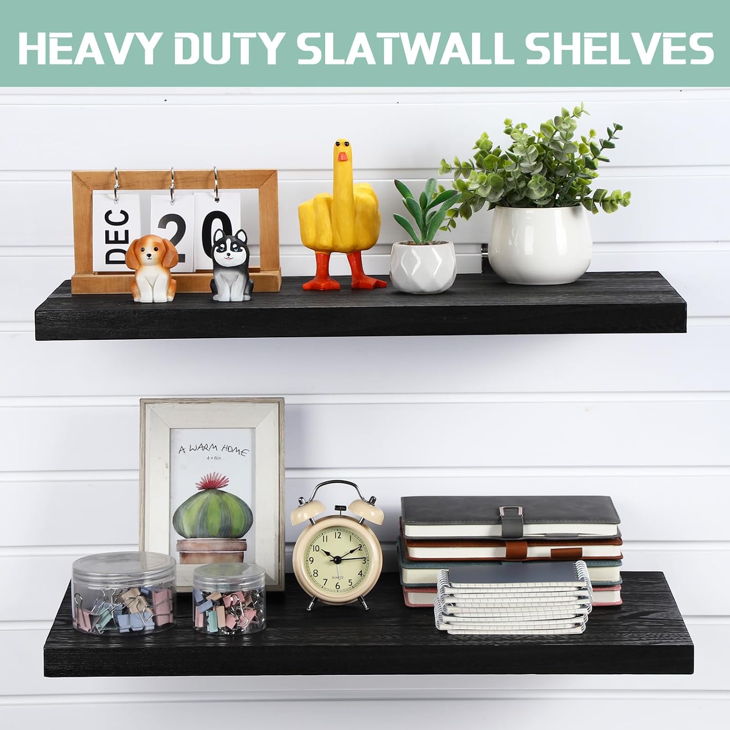 Landical Wooden Floating Shelves for Wall Set of 4, Black Slatwall Shelves with Metal Hooks Accessories for Living Room Garage Home Bedroom Bathroom Kitchen Decor Storage Display 23.6" x 11.8" x 1.1" image 4