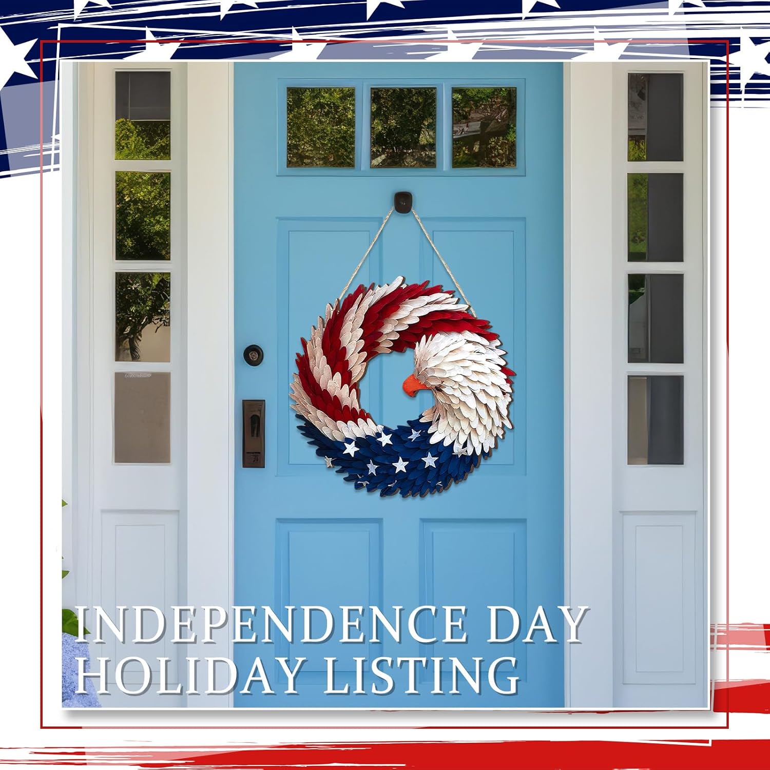 2 Pcs 4th of July Hanging Door Sign 2D 250th Anniversary Eagle Wreath Decorations Patriotic Door Hanger American Rustic Wooden Plaque for Wall Front Porch Memorial Day Decor - Image 4
