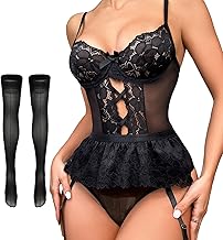 Women's Garter Teddy Lingerie Set with Stockings, Sexy Heart Lace Bodysuit Suspender Underwear Backless Sheer Mesh Corset Nightwear Strappy Babydoll