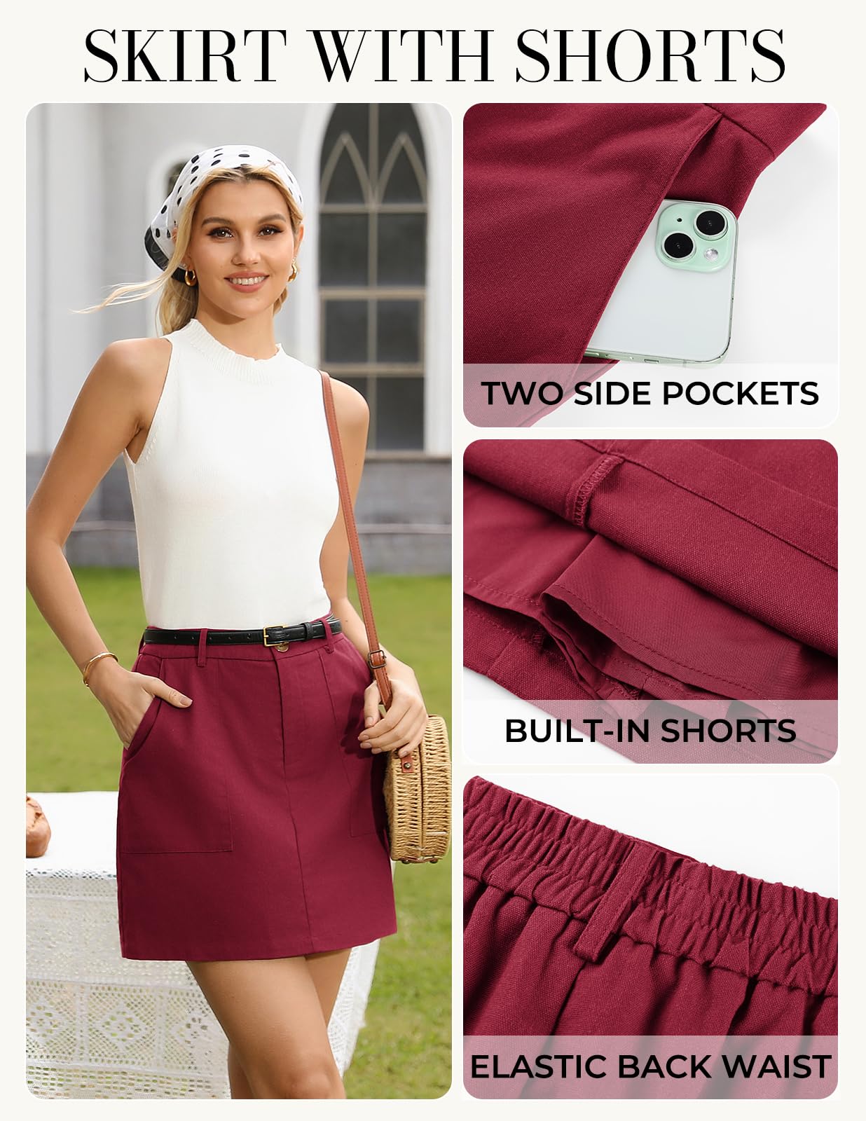 Kate Kasin Minigonna estiva da donna, in lino, vita alta, elasticizzata, casual, corta, con tasca