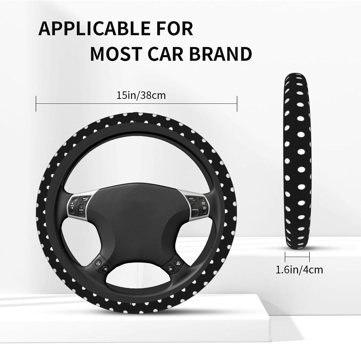 Cute Black White Polka Dots Steering Wheel Cover for Women, Universal Fit 14-15 inch,Automotive Interior Accessories Decorative,with 2 Pack Car Coaster