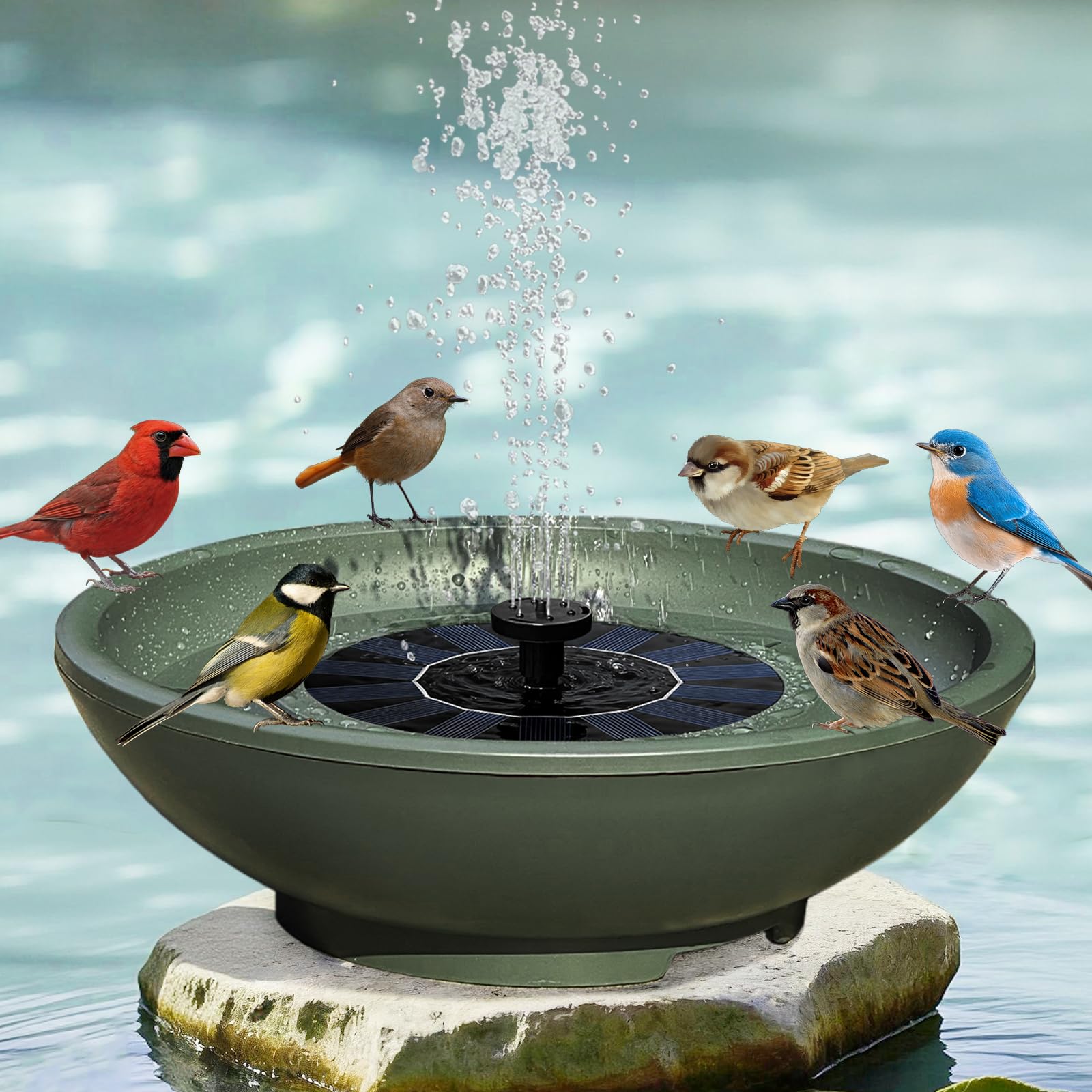 Fuente solar para pájaros para exteriores, 12.5 pulgadas, fuente verde para pájaros con 6 boquillas, cuenco independiente para jugar pájaros para jardín, patio, balcón, decoración de