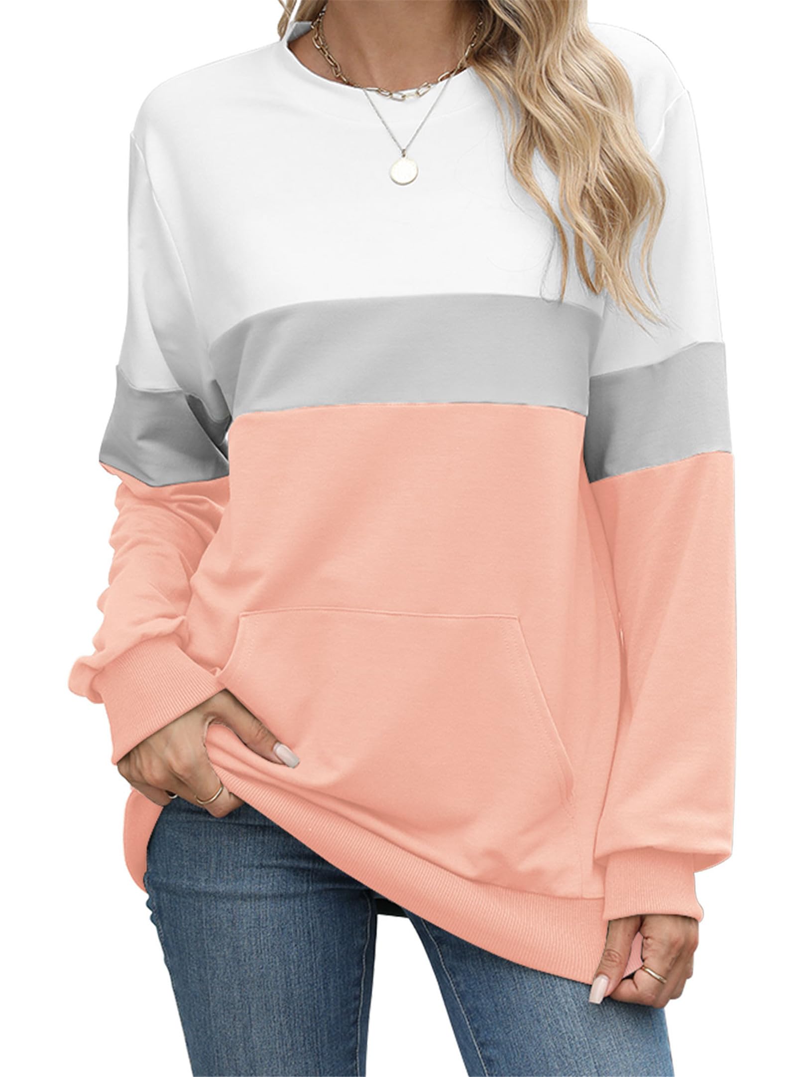 Bluza damska z długim rękawem, basic, okrągły dekolt, bez kaptura, bawełna, casualowa, z kieszeniami, luźna, oversize, jednokolorowa, na jesień, zimę, sport, streetwear, S-XXL
