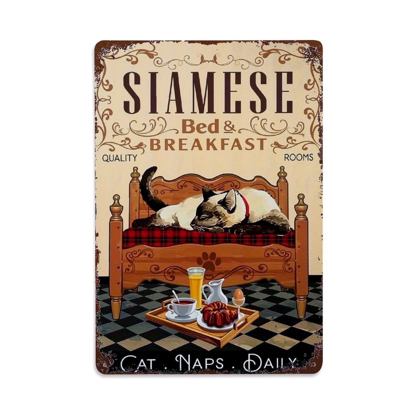 Jdfenggu Vintage Siamese Cat Bed Breakfast Poster Retro Metal Tin Sign, Metal Poster For Bar, Home, Man Cave, Kitchen, Laundry Room Art Decor 8X12 Inch