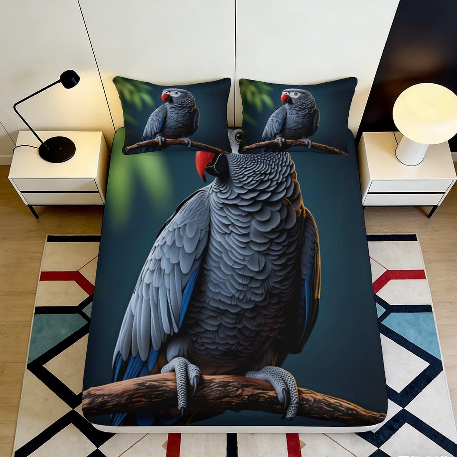 Dhbaneiok Style-9 3D Printed African Grey Parrot Fitted Sheet Microfiber Dark Blue Bird Mattress Cover For Bedroom Home Decor 90X200x25cm