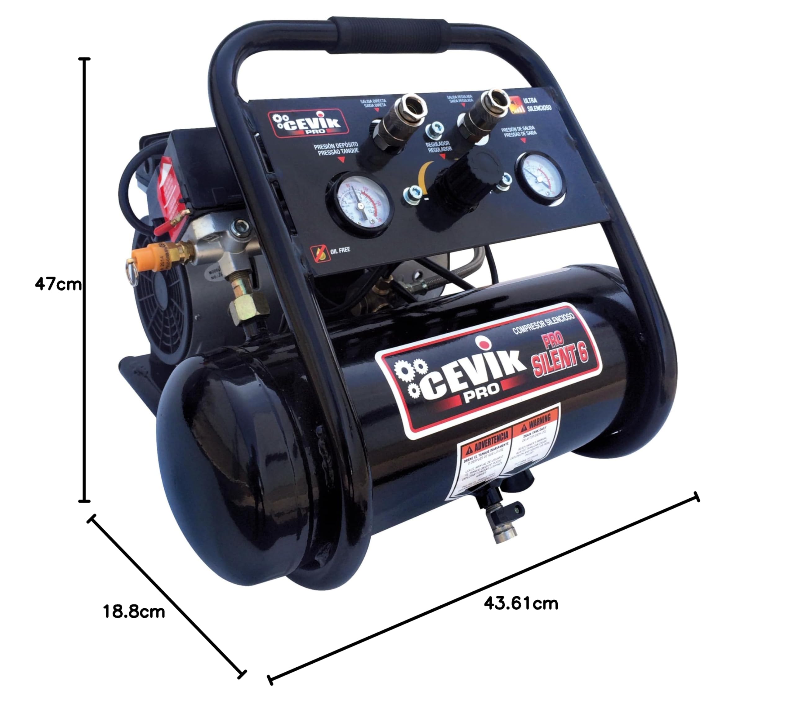 CEVIK PRO - CA-PRO6SILENT - Compresor Aire Silencioso - 62 dB - 6L - 1HP - Máx 8 Bar - 110 l/min - Sin Aceite - Dos Salidas de Aire - Compacto y Portátil - Compresor de Pintura y Neumática