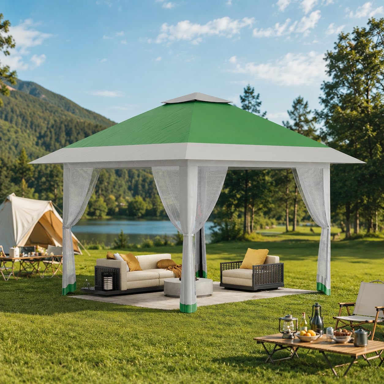 GarveeMore 4x4m Pop Up Gazebo with Sides, Waterproof Garden Gazebo with Mosquito Netting, Heavy Duty Instant Shelter Canopy Tent for Patio, Backyard, and Events,Olive green+heather gray