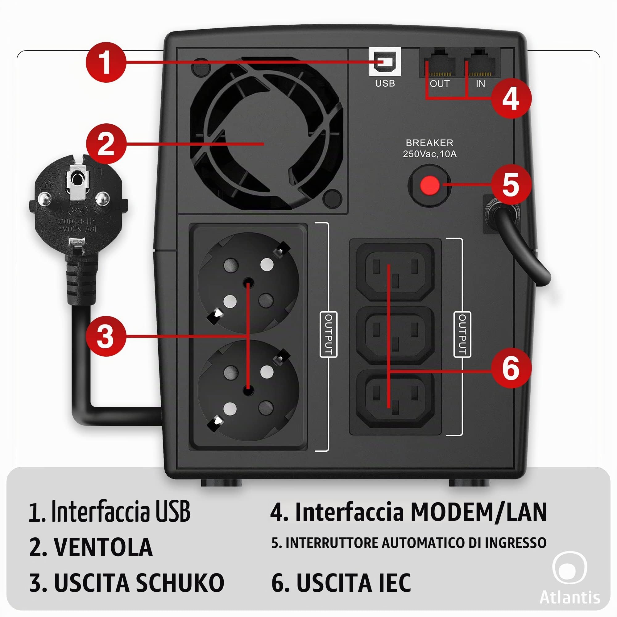 Atlantis Gruppo di Continuità UPS 1200VA/720W, onda sinusoidale pura | Line Interactive, LCD, USB-HID, 3 IEC + 2 Schuko, cavo alimentazione, 2 batterie 12V 7Ah, protezione RJ45, cod. A03-HP1503