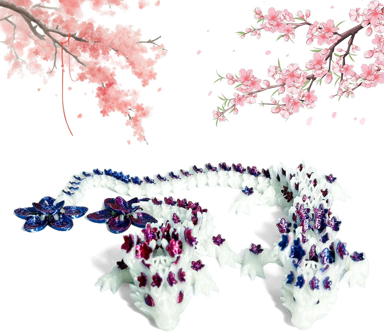 2Pcs 3D Printed Dragon Set，3D Printed Animals Cherry Blossom Crystal Dragon,Articulated & Magical Movable Dragon Model - Perfect for Display, Collection, and Unique Gift (Luminous Purple)