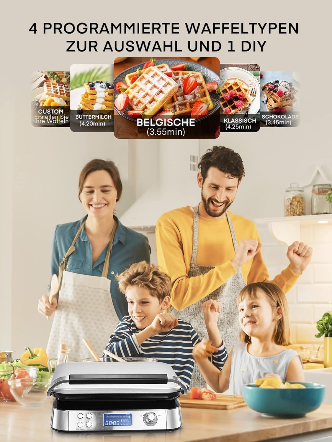 Gofrownica o mocy 1600 W, odpowiednia do przygotowywania gofrów belgijskich, 5 programów, 7 poziomów pieczenia, wyświetlacz LCD, timer, pojemnik przelewowy, bardzo głęboka płyta grzewcza.