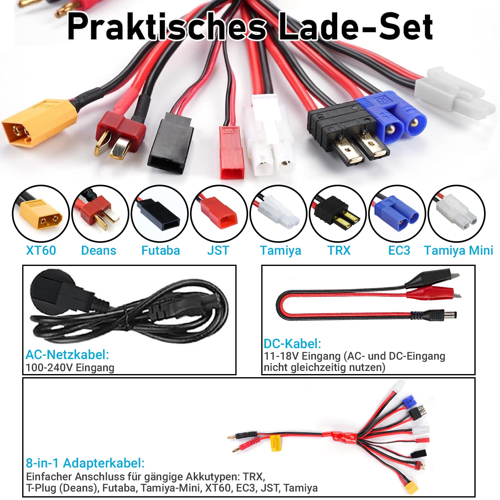 HTRC LiPo Ladegerät 80W 6A RC Akku Ladegerät mit Balancer und LED-Display | Für LiPo/Li-Ion/LiFe 1-6S, NiMH/NiCd 1-15S, Pb 2-20V; 8-in-1-Kabel für RC-Auto, Boot, Drohne, Modellbau und Airsoft-Akkus