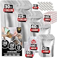 ROYLOGLOBE 120 Thick Mylar Bags Kit: 150 Oxygen Absorbers, 168 Labels, 15 Clips - 4 Sizes Stand-Up Resealable Food Storage Bags