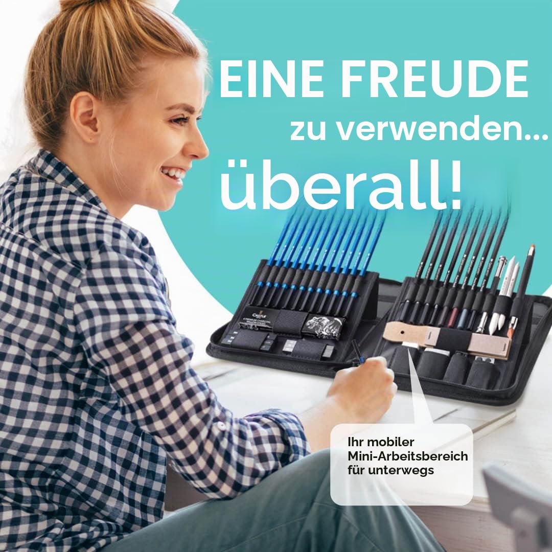 Castle Art Supplies 40-teiliges -Zeichen- und Skizzier-Set mit Anleitung | Für Künstler, Profis oder Anfänger | Zeichenstifte, Kohle, Graphit und mehr | Im übersichtlichen Reißverschlussetui