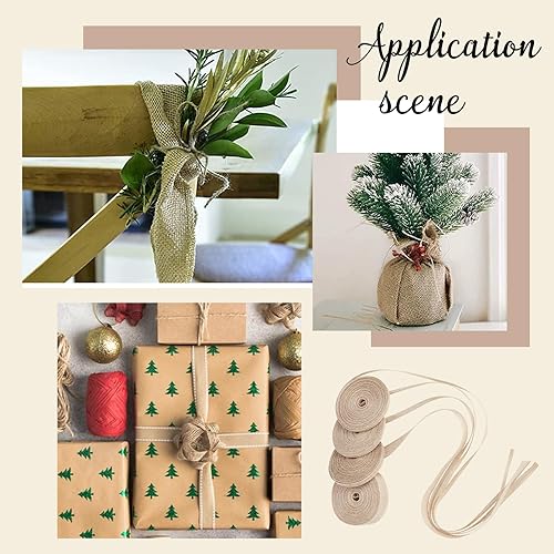 Miniatura 5 de GORGECRAFT 43.7 yardas, 4 rollos de 3 tamaños, cinta de tela de arpillera de yute natural, lino tostado, borde con alambre, rollo de tela de cáñamo,