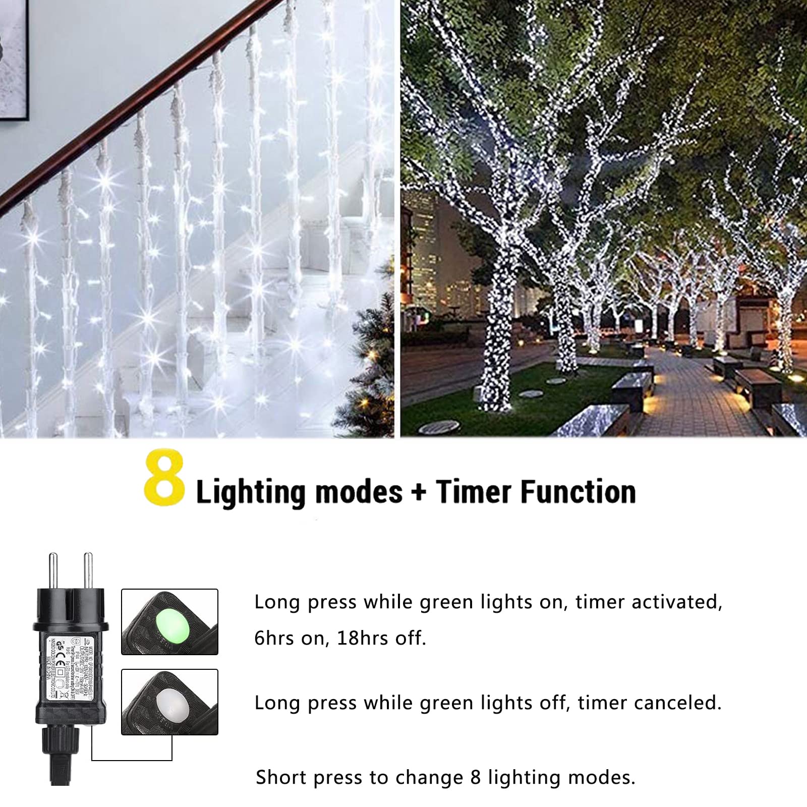 NEXVIN Luci Albero di Natale Bianco Freddo 20M 200LED Catena Luminosa con 8 Modalità, Funzione Timer e Memoria, Collegabile, Luci Natalizie da Esterno ed Interno, Cavo Trasparente