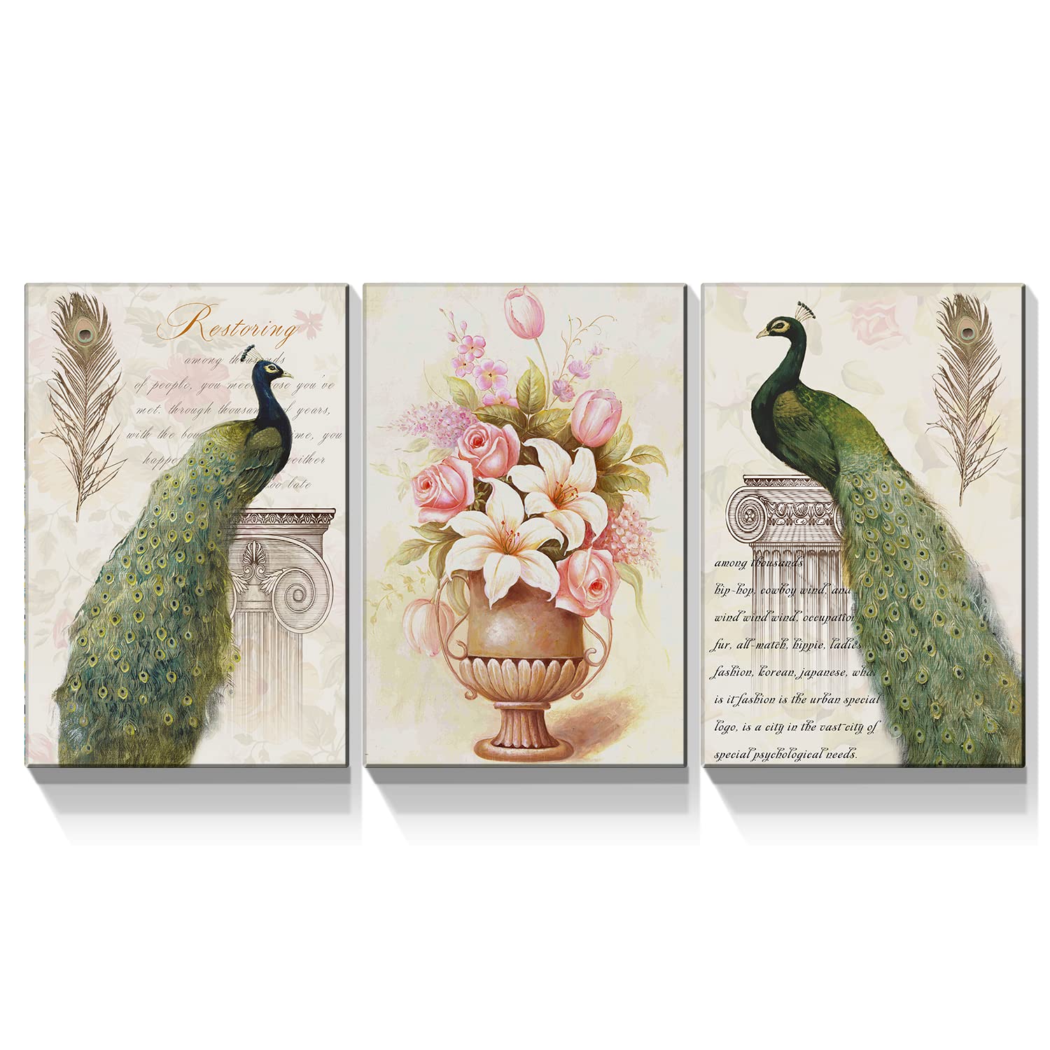 Amazon Com Looife Peacock 帆布牆壁藝術裝飾24x32 英吋3 片復古綠孔雀情侶附花瓶繪畫giclee 印花畫廊包裝優雅動物羽毛背景藝術品房間裝飾 居家與廚房