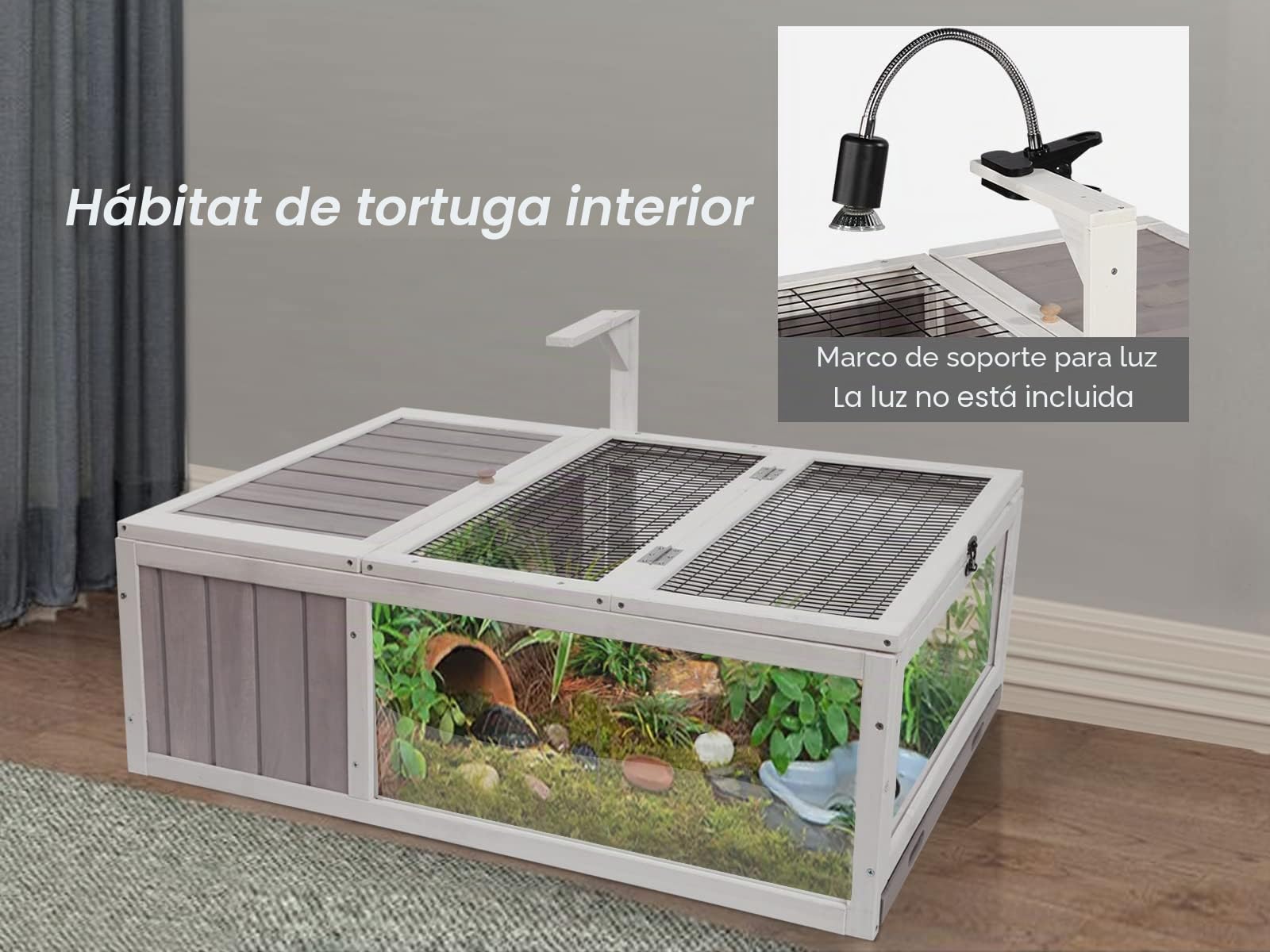 Tortuga House Hábitat Box de madera para interior y exterior, recinto para tortugas de interior para animales pequeños, jaula para reptiles de exterior gris