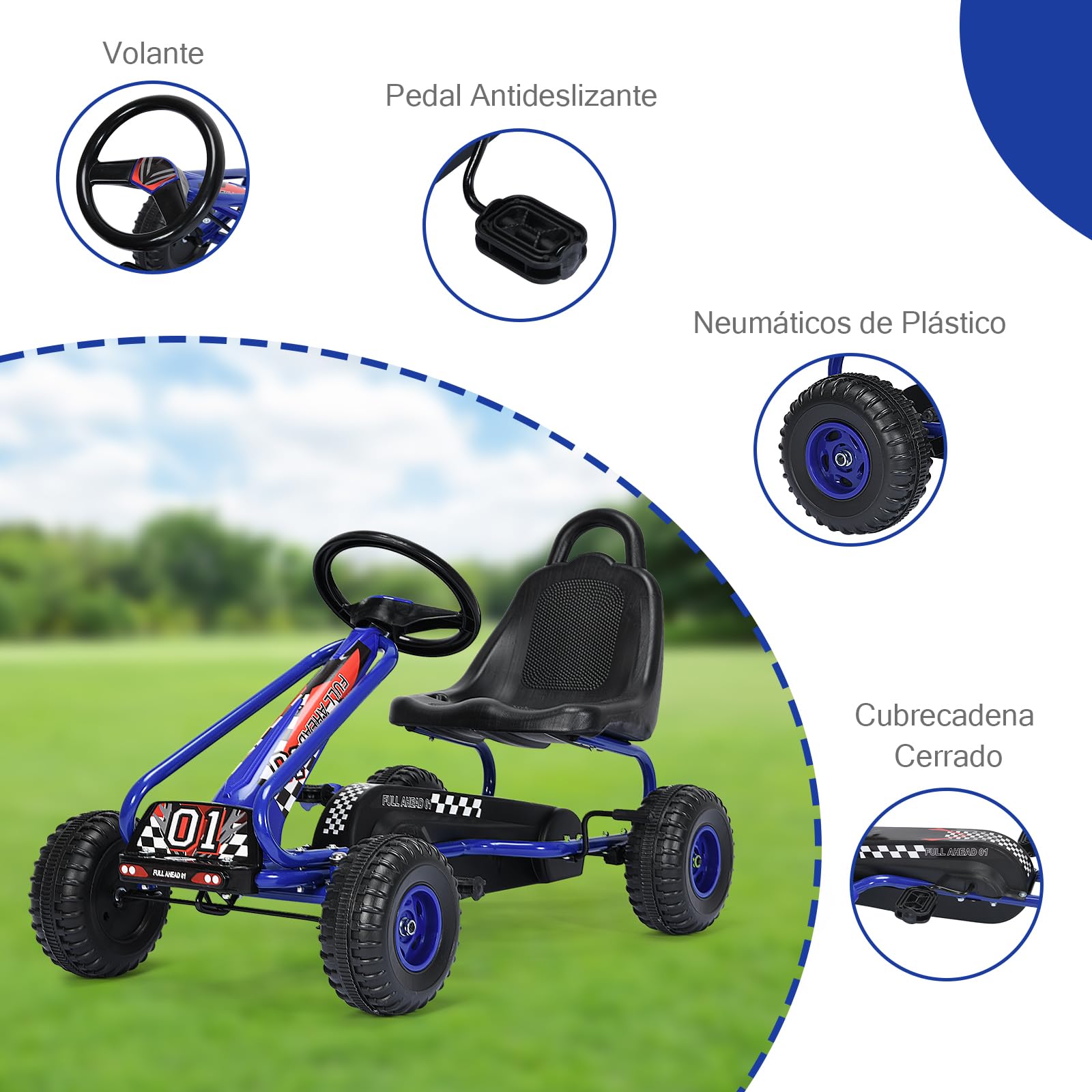 RELAX4LIFE Go Kart para Niños con Freno de Mano y Asiento Ajustable, Coche de Pedales con Ruedas Antideslizantes para Niños 3-6 Años, Carga 30kg (Azul)