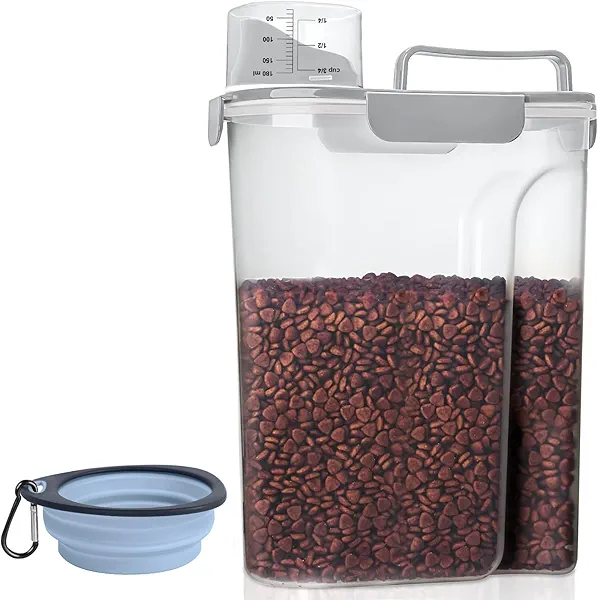 LEAWALK 3-5Lbs Small Cat Dog Food Storage Containers BPA Free, Airtight Pet Food Storage Containers with Large Pour Spout/1 Measuring Cup/ 4 Safety Locks and double-layer silicone strip (Elegant Gray)
