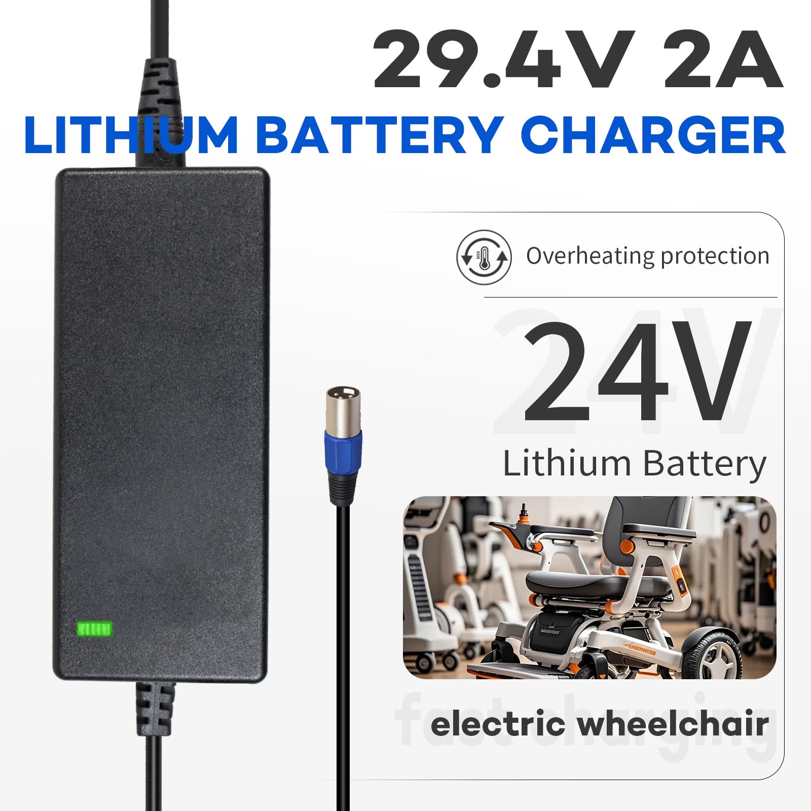 Ladegerät 29,4 V 2 A XLR für Lithium-Ionen-Akku 24 V – Ladegerät für Rollstuhl und elektrische Mobilität