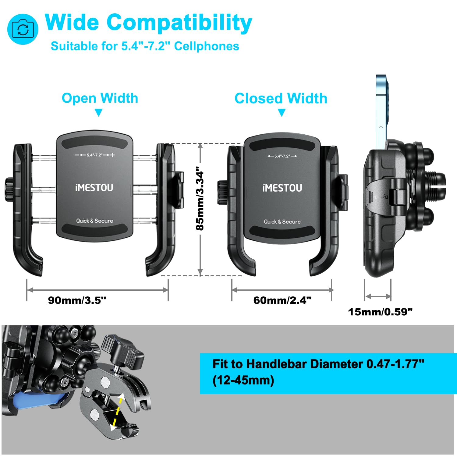 iMESTOU Ulepszony antywibracyjny uchwyt na telefon uniwersalny do iPhone'a Samsung 13.7 cm-18.3 cm smartfonów o grubości do 15 mm, szybkie zapięcie, amortyzator, pasuje do kierownicy motocykla 12-45