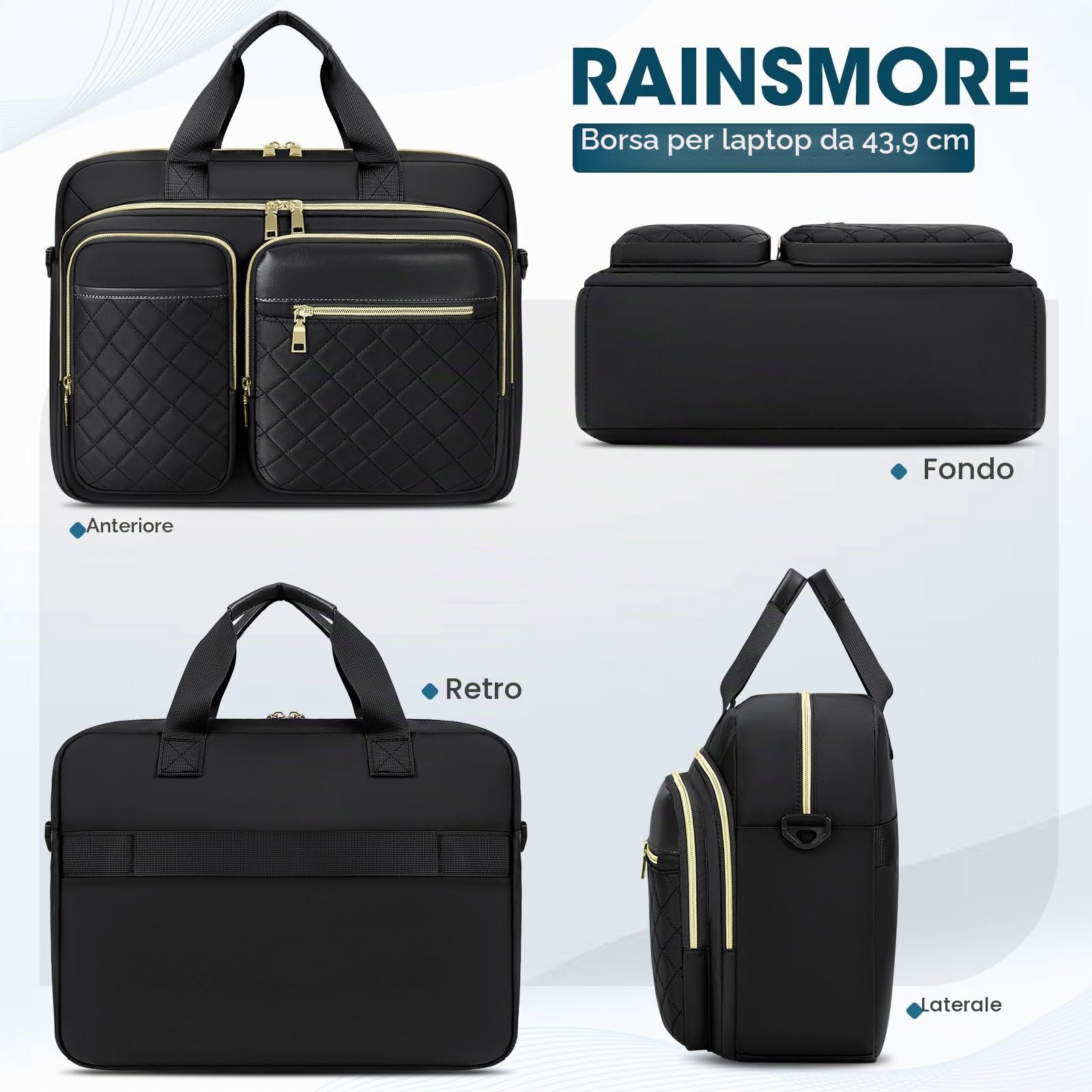 RAINSMORE Borsa Porta PC 17.3 Pollici Borsa Lavoro Donna Impermeabile Borsa Computer Grande Borse Messenger Porta Documenti per Ufficio Università Insegnant Nero