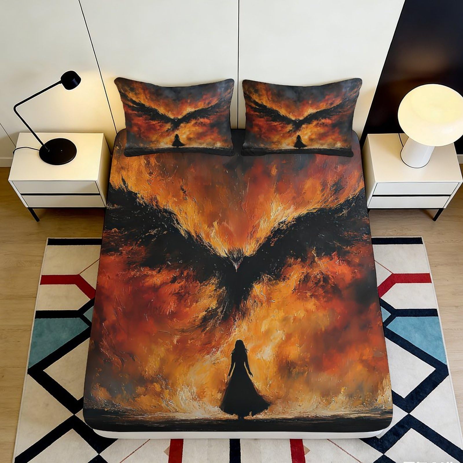 3D Printed Fire Phoenix Fitted Sheet Microfiber Soft Breathable Fantasy Silhouette Mattress Cover for Bedroom Dorm Decor 200x200x25cm