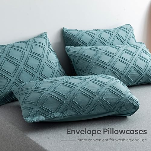 Miniatura 6 de JELLYMONI Juego de funda de edredón azul grisáceo, talla individual, 3 piezas, microfibra, estilo capitoné, texturado, bohemio, patrón geométrico de