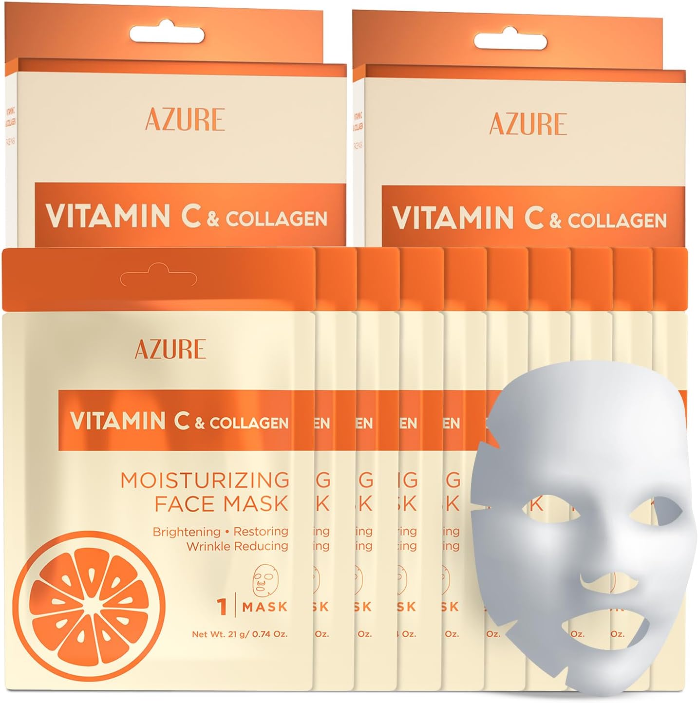 AZURE Vitamin C & Collagen Moisturizing Facial Sheet Mask- Anti Aging, Deeply Moisturizing & Firming - Improves Elasticity - Skin Care Made in Korea - 10 Pack