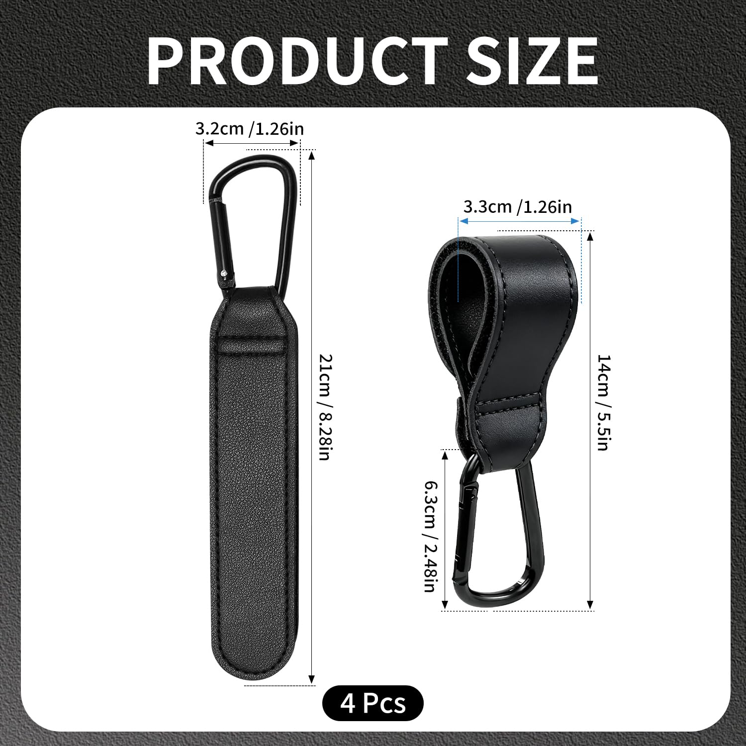 Verazquy 4Pcs Buggy Clips for Pram Non-Slip Bag Hooks Heavy Duty Pram Hooks with Carabiner Anti-Slip Adjustable Stroller Clips for Diaper Bag Pushchair Black PU Leather Durable Universal - Image 2