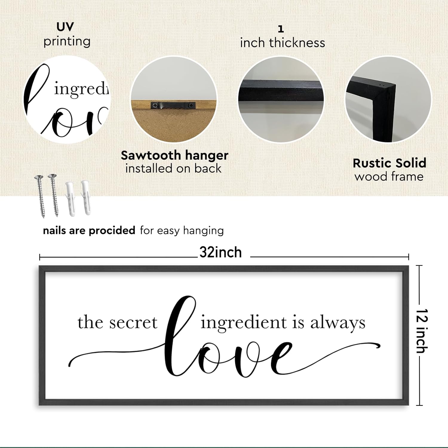 YWJKWLGS Funny Kitchen Wall Decor Art The Secret Ingredient Is Always Love Sign 32x12 Inch Dining Room Plaque Heartwarming Quote for Mother's Day Large Rustic Wooden Framed Wall Hanging (Black)
