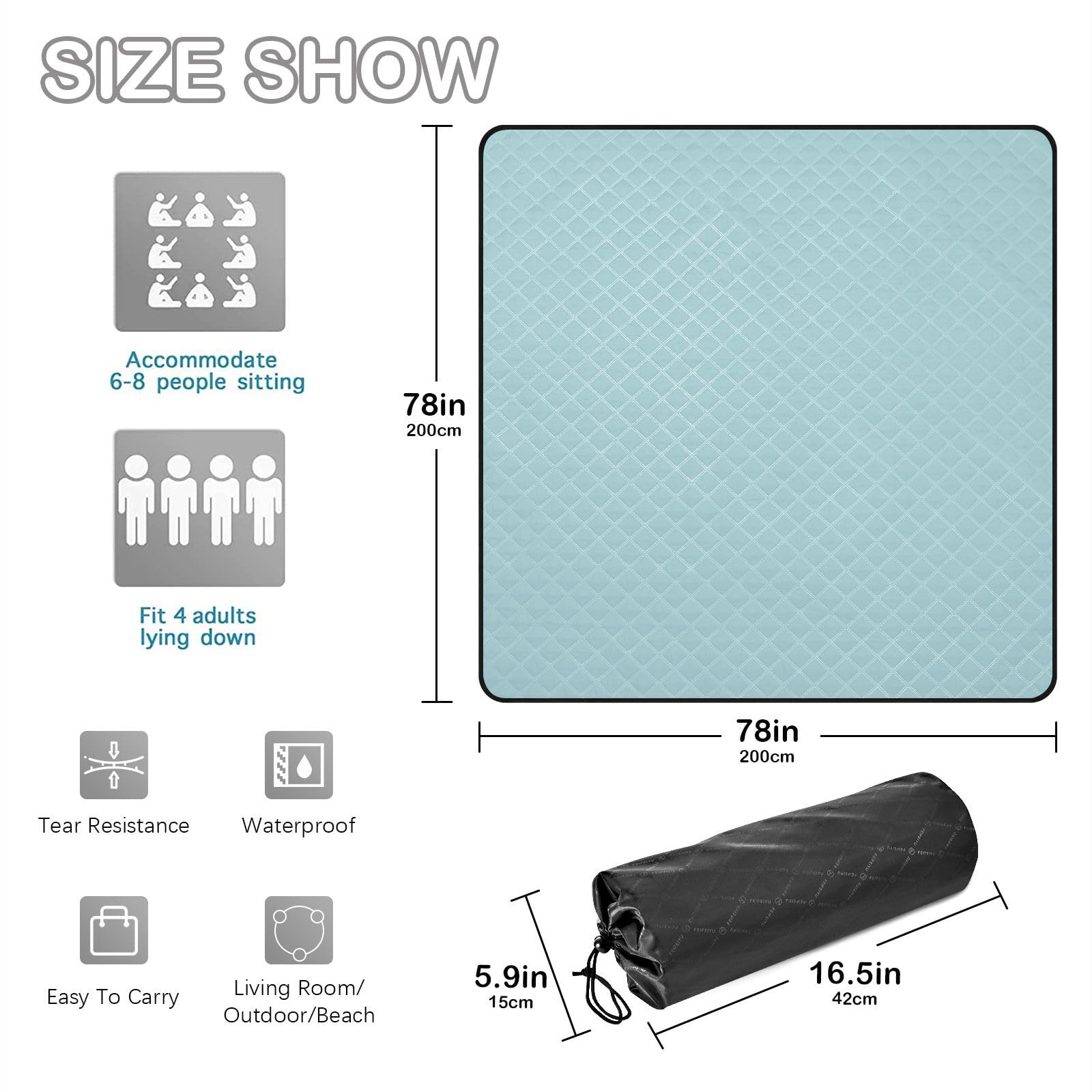 Manta de picnic impermeable de color azul pálido, grande, resistente al agua, para interiores, para familias, parejas, regalo para exteriores