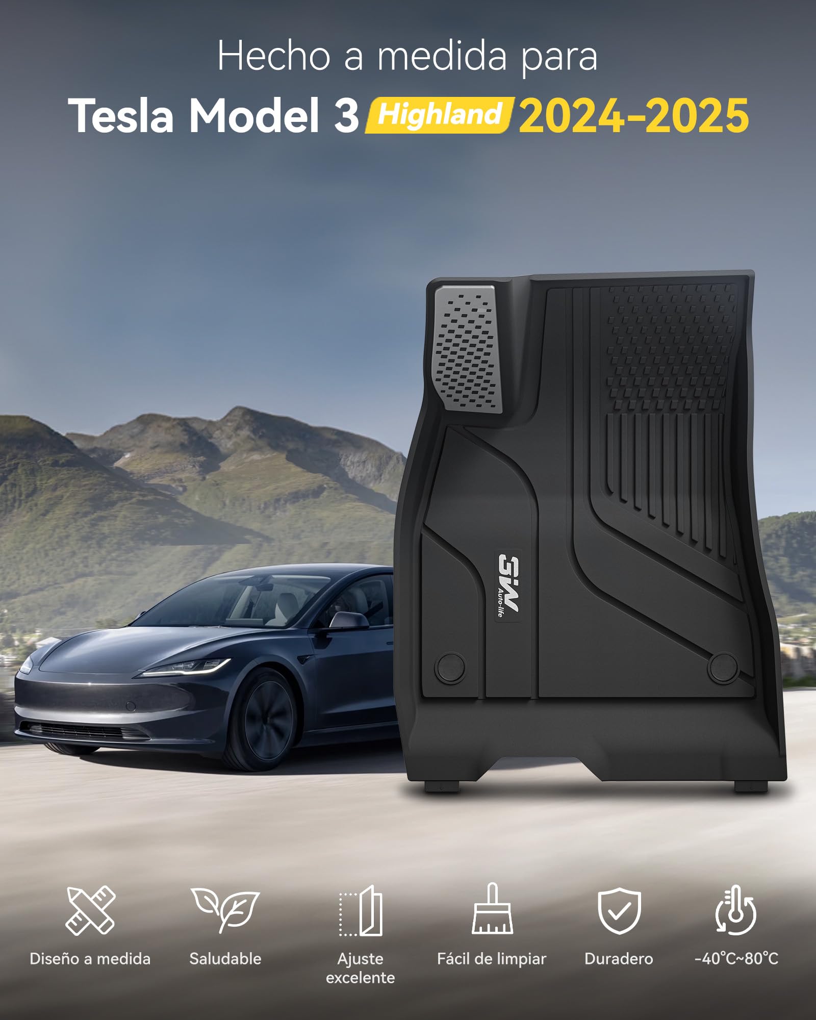 3W Alfombrillas Set 8 para Tesla Model 3 Highland 2024-2025, Alfombrillas y Bandeja de Maletero y Protector de Asiento, Thorex™ para Todo Tipo de Clima, Alfombrilla 1-2 Filas