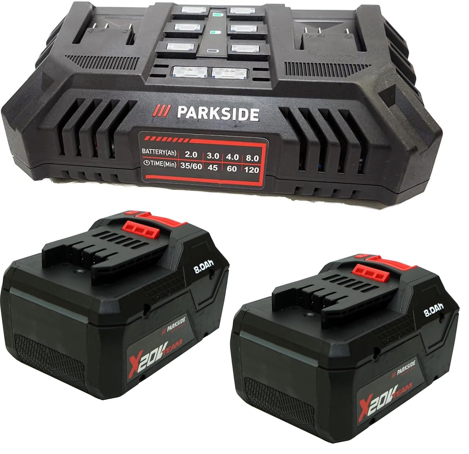 HEADNMORE® Bundle – Parkside® 20 V podwójna ładowarka PDSLG 20 + 2 x 8 Ah Smart akumulator 8 Ah + breloczek do kluczy HEADNMORE®