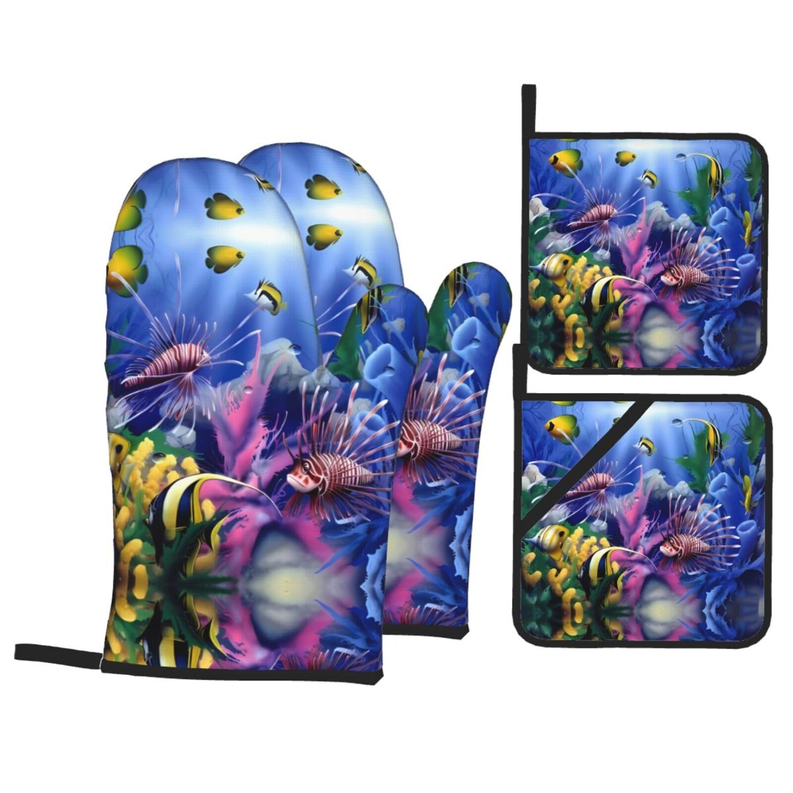 WHJSSF Colorful Tropical Sea Fish Prints Kitchen Baking Set - 4-Piece Heat Protection Layers with Waterproof Potholders for Oven, Grill & Serving