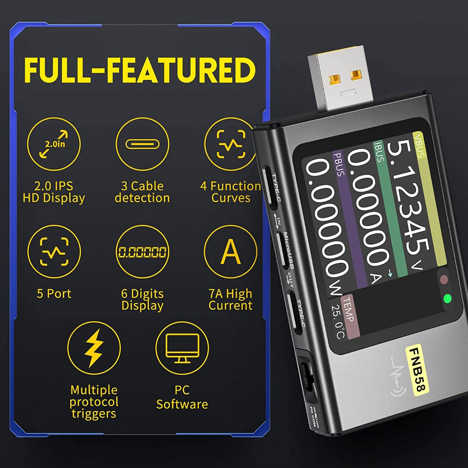 FNB58 Testeur USB, Testeur de de VoltmèTre NuméRique USB Type-C Protocole de Charge PD DéTection de DéClenchement Max 7A