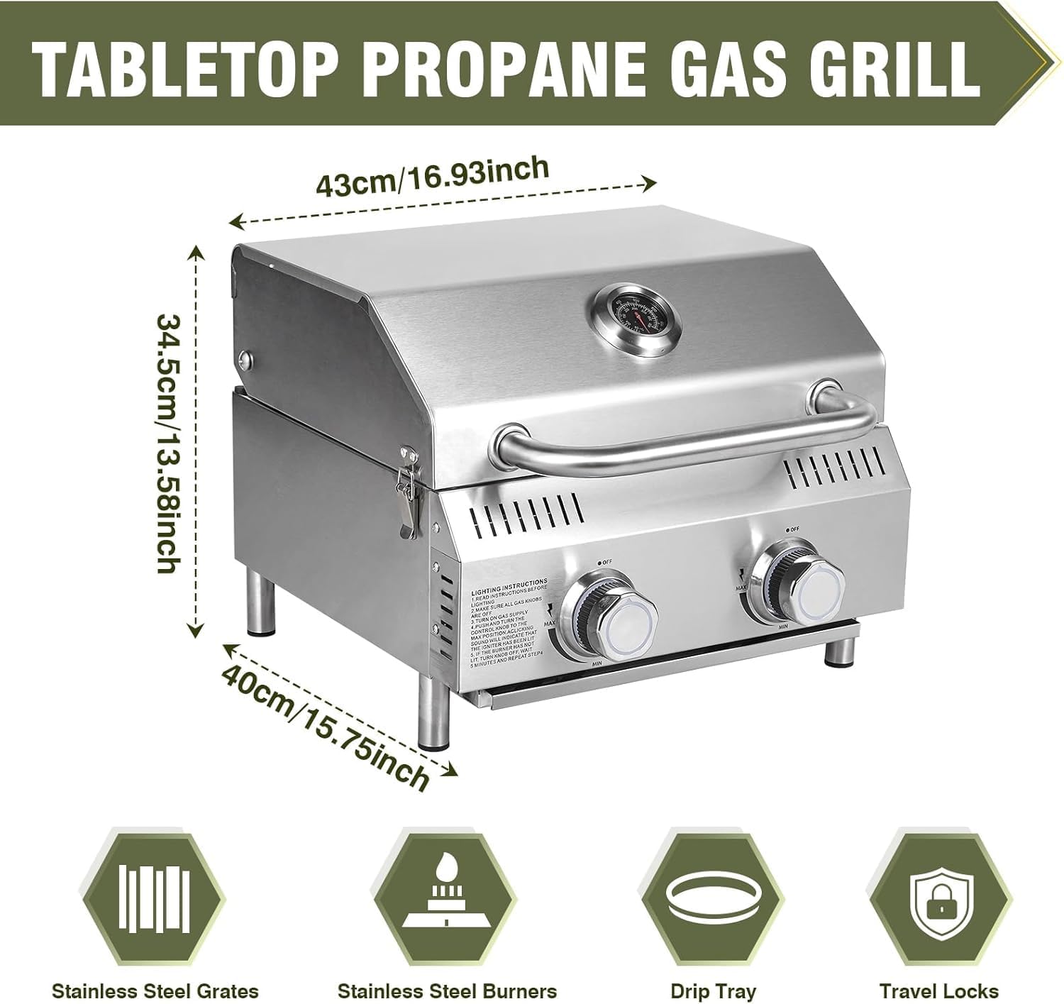 All-in-One Outdoor Grill Table with Built-in 2-Burner Propane Grill – Portable Stainless Steel Cooking Station with Storage, Hooks & Lockable Wheels for Camping, Tailgating, Backyard BBQ