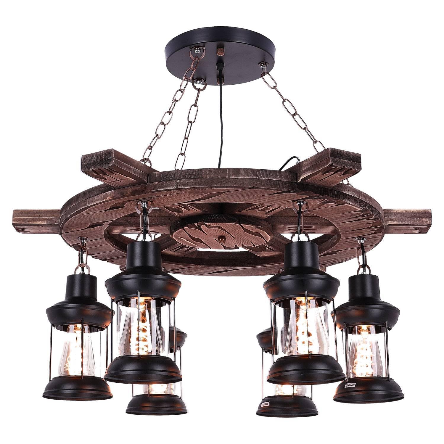 TIBU Hängelampe aus Holz Vintage Lampe Ruder Wohnzimmer E27 höhenverstellbar 6 flammig