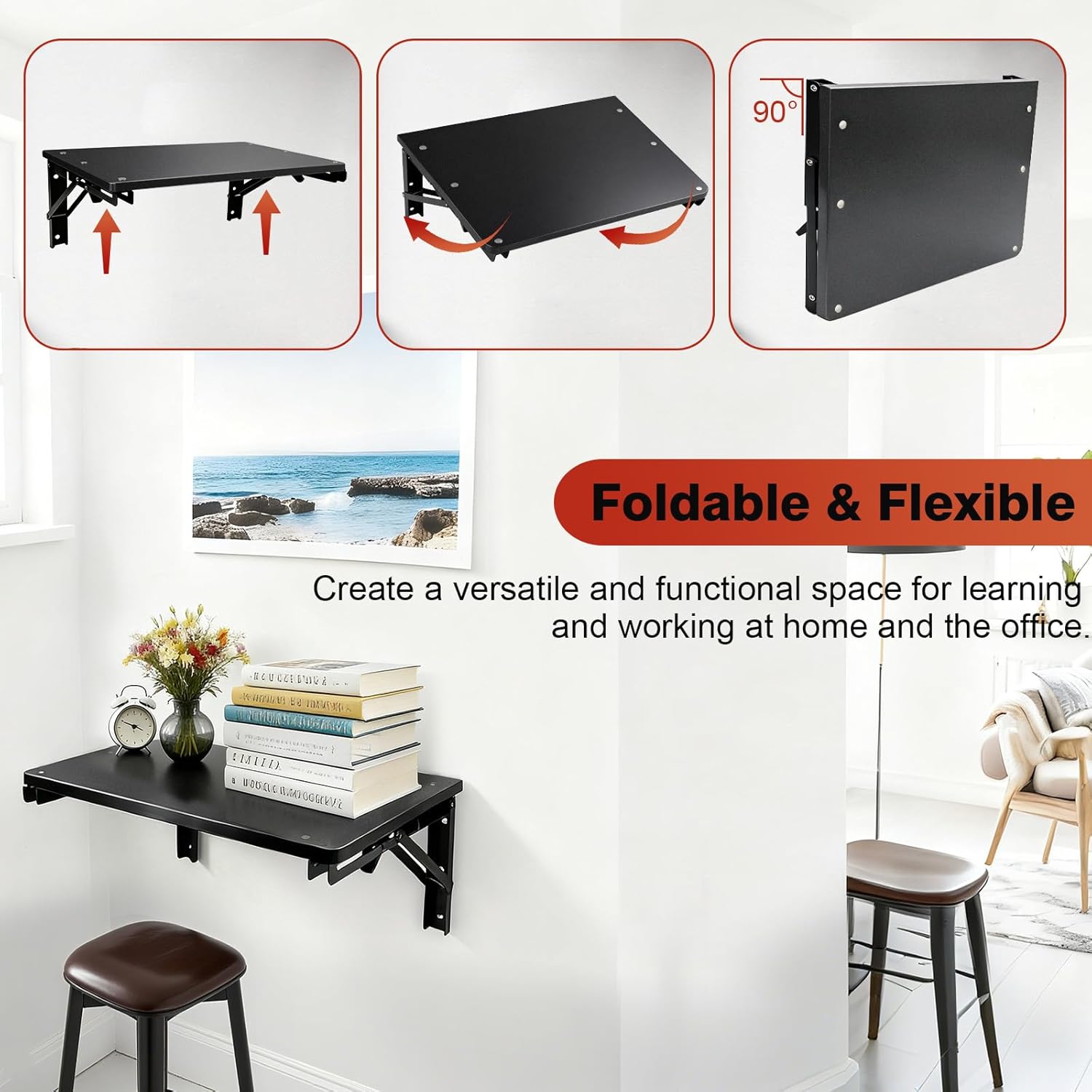 Wooden Folding Shelf Wall Mounted for Small Space, Wall Table for Living Room Bedroom Decor, Home Office Floating Fold Down Desk, Media Shelves with Heavy-Duty Brackets Holds Up to 55lbs Black