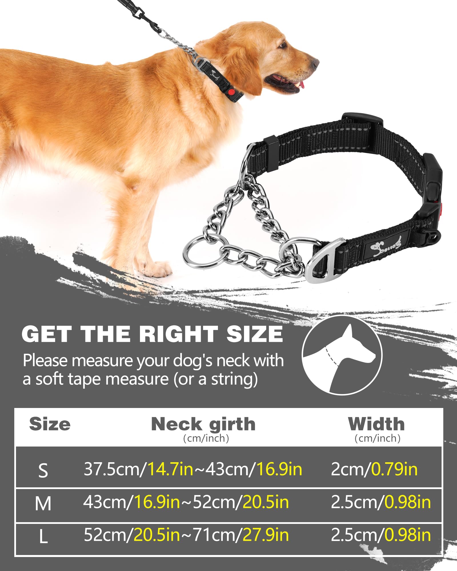 PETTOM Collare Semistrozzo per Cani Cane Addestramento Collari con Catena Regolabile Riflettente Anello di Metallo Nylon Imbottito Fibbia di Sicurezza Martingale Collare per Camminare Allenarsi Nero