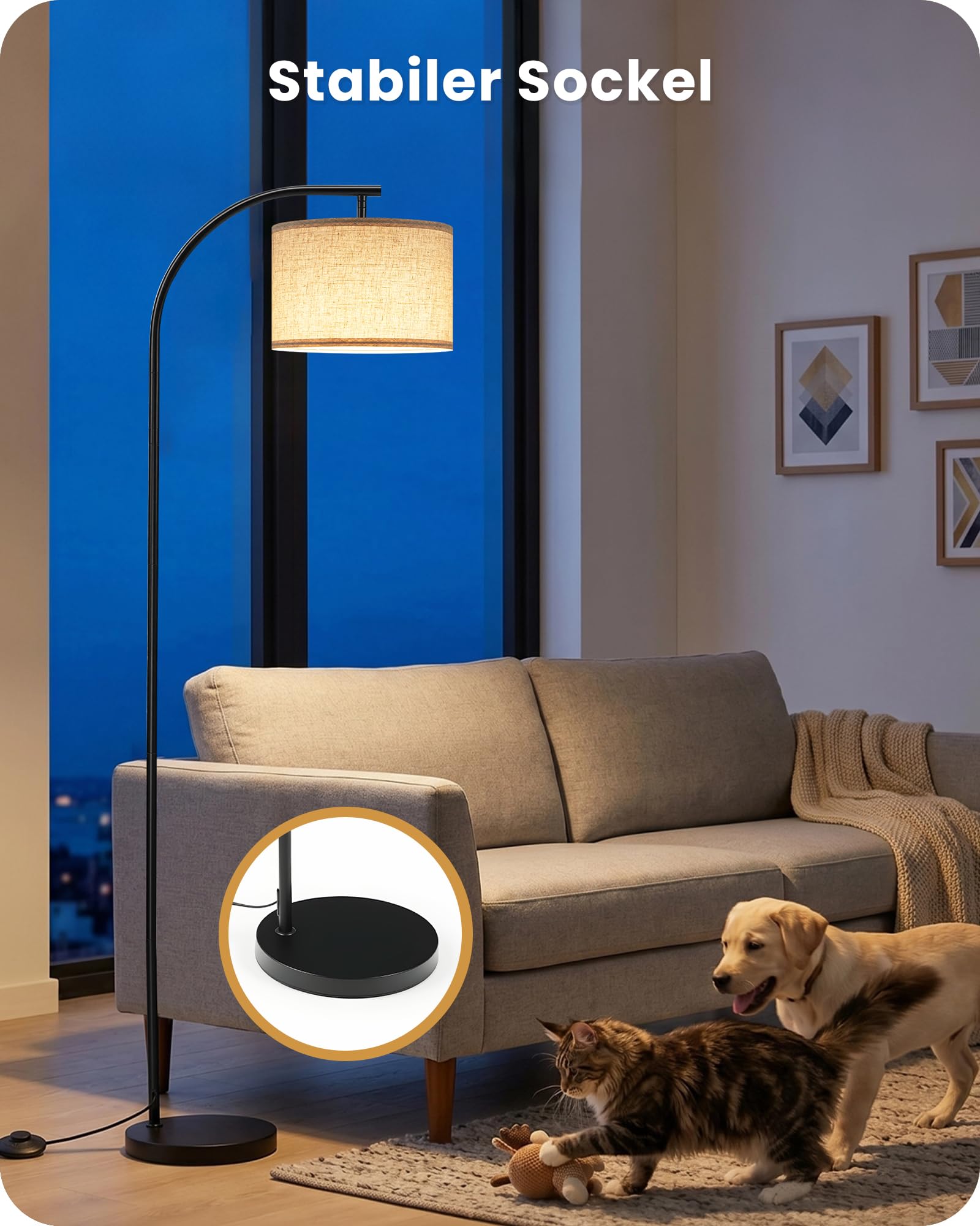 Stehlampe aus Leinen, Schwarz, Stehleuchte mit 3 Farbtemperaturen