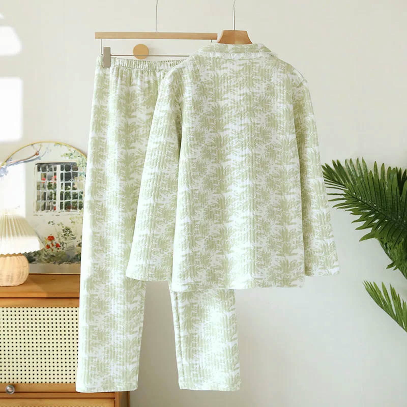 Pigiama Set di Pigiami Fresco Invernali Dolci Inverno Le Donne Mantengono Caldi Pizzo Verde Abbigliamento A Maniche Lunghe Trapunte -Verde Erba-XL 65-72kg