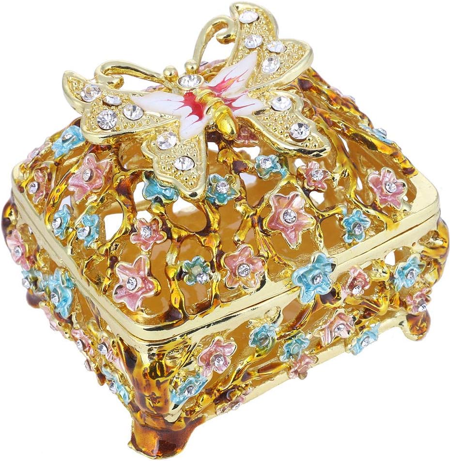 YU FENG Jeweled Butterfly Flower Trinket Boxes Hinged Collectible Decorative Golden Enamel Jewelry Ring Holder Box