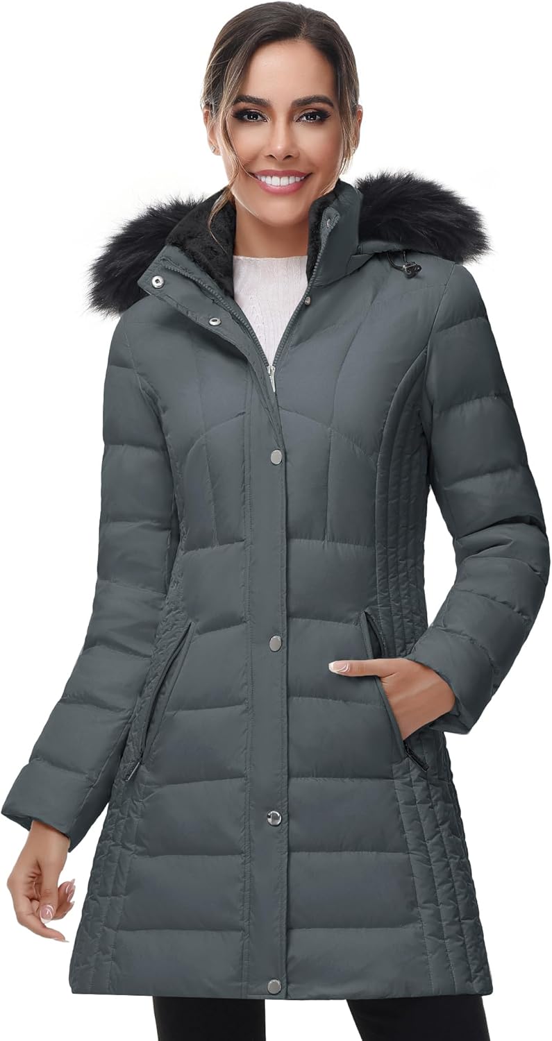 SLOW DOWN Women Winter Down Puffer Coat Warm Hooded Mid-Length Down Jacket for Women with Faux Fur Trim Hood and Pile Collar
