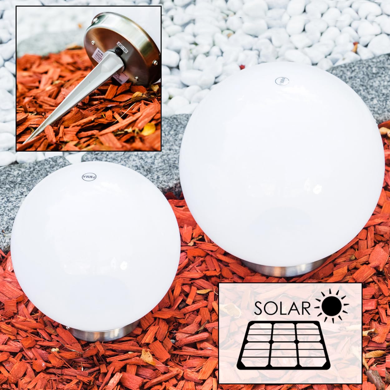 Lampa solarna Nassau, zestaw 2 lamp kulistych, lampy kuliste z białego tworzywa sztucznego, Ø 20 i 25 cm z kolcem uziemiającym, z włącznikiem/wyłącznikiem, lampy solarne z wyłącznikiem zmierzchowym