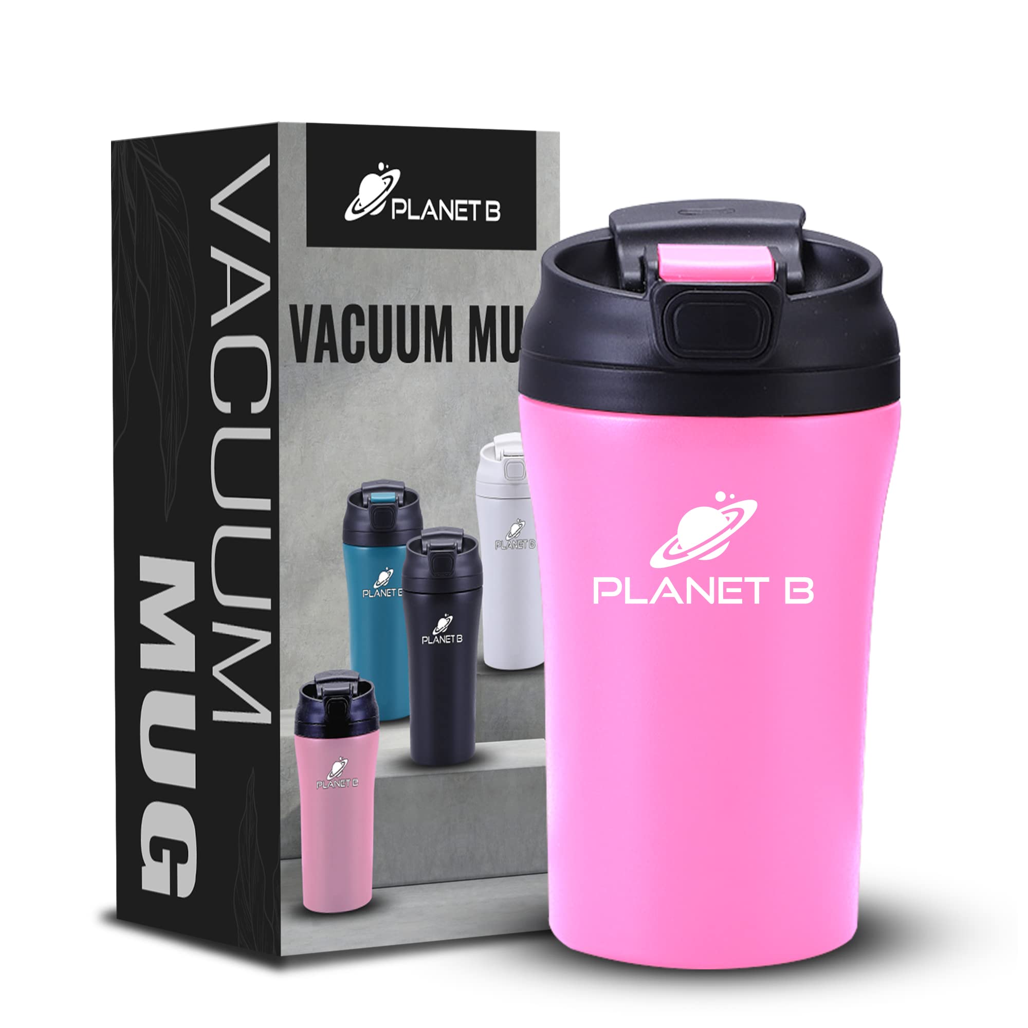 Planet B Stainless Steel Vacuum Insulated Tumbler - 17 oz - Leak-proof Coffee Mug with Lid - Reusable Thermal Coffee Cup - Double Walled Thermos Travel Mug - Coffee Tumbler for Hot & Ice Drinks - Pink