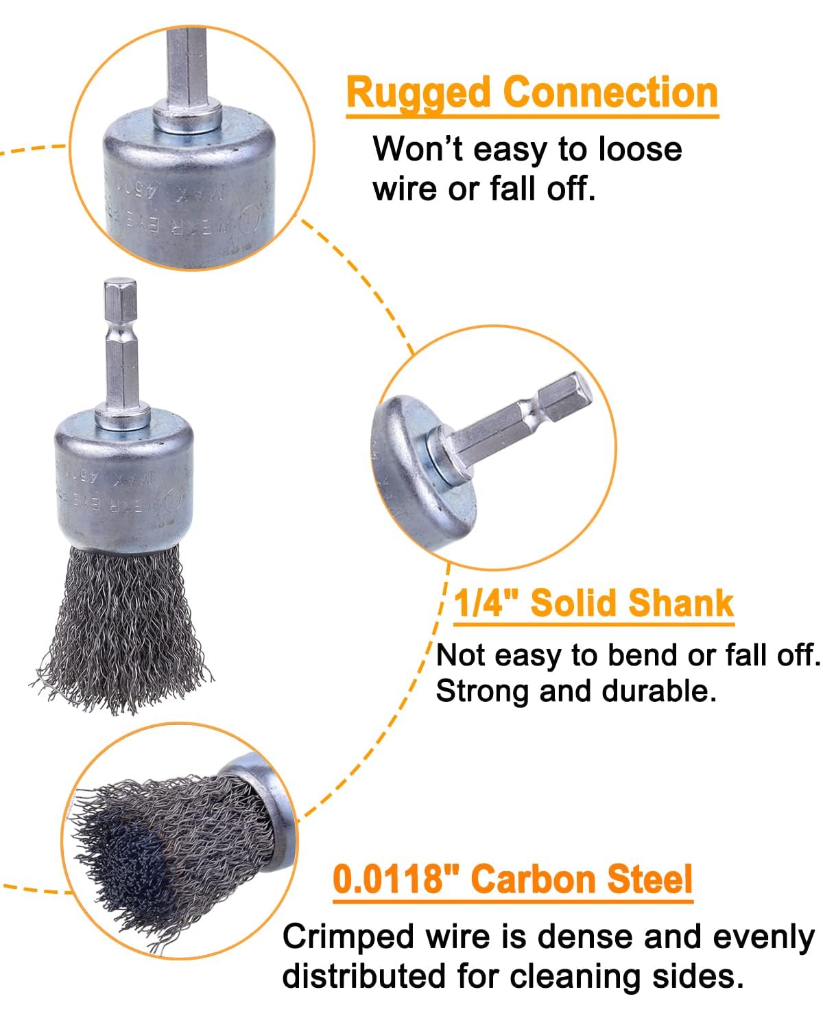 Rocaris 30 Pack Carbon Steel Wire Wheel Brush with 1/4-Inch Hex Shank, Pen Brush, for Rust Removal, Corrosion and Scrub Surfaces, 3 Sizes